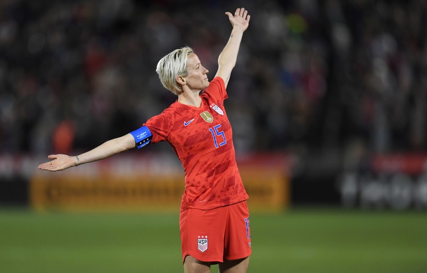 FILE PHOTO: Apr 4, 2019; Commerce City, CO, USA; United States forward Megan Rapinoe (15) reacts following her goal in the second half during an International Friendly Women's Soccer match against Aus ...