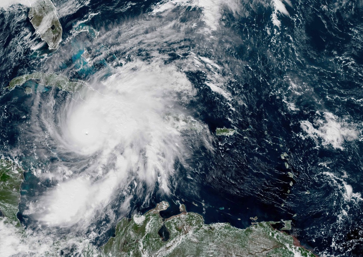 October 28, 2025, Caribbean Sea, Jamaica: The NOAA NESDIS GOES-19 satellite image showing Hurricane Melissa, a category 5 storm as it comes ashore over western Jamaica at 1700 GMT, October 28, 2025 in ...