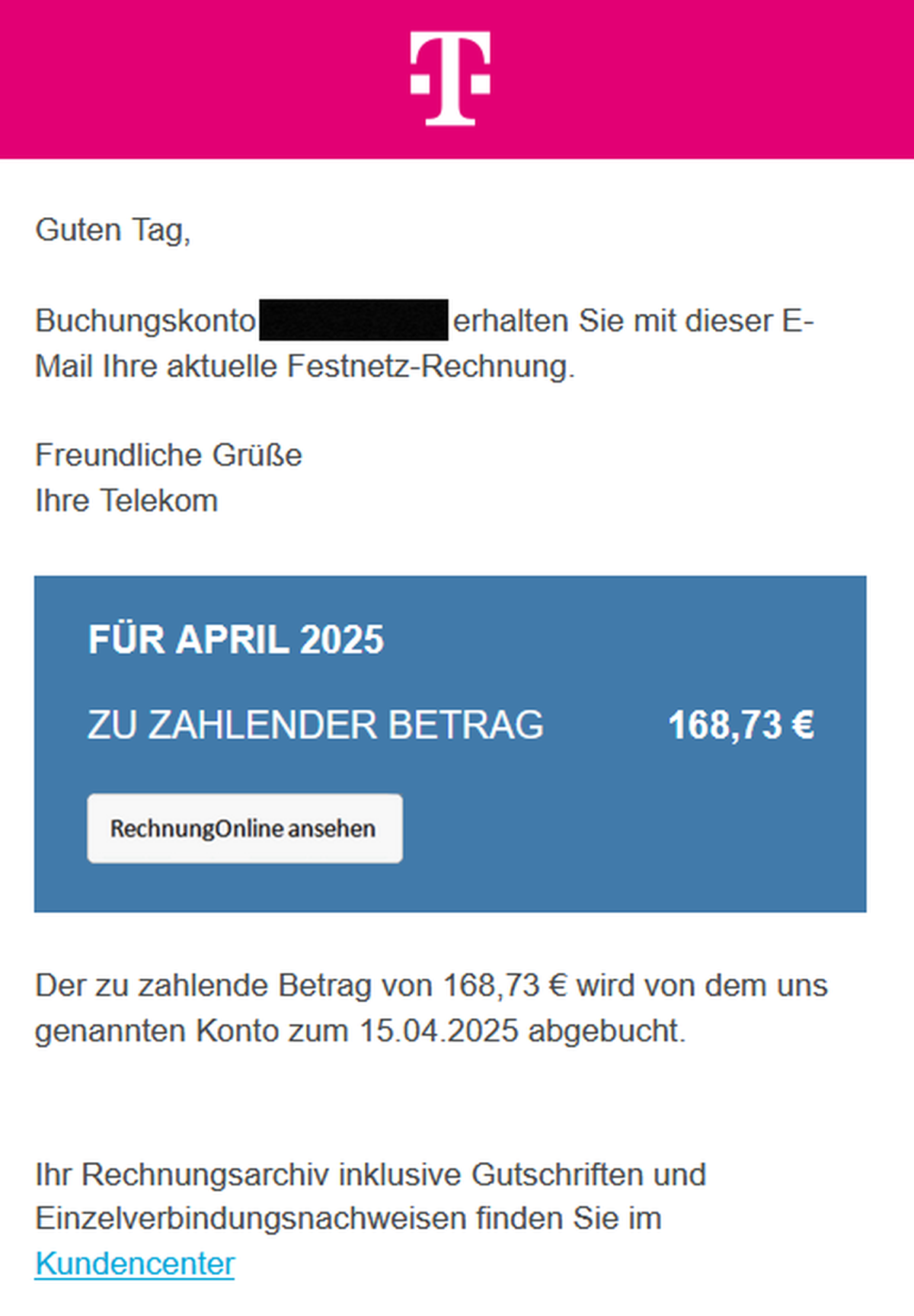 Vor dieser Mail an Telekom-Kunden warnt die Verbraucherzentrale.