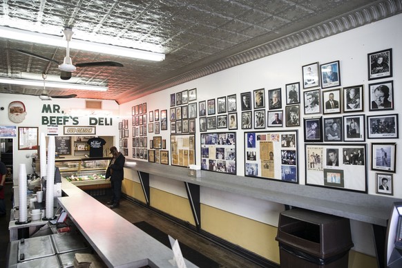 Photos of various famous guests and celebrities hang on the wall of Mr. Beef, Monday, March 6, 2023, in Chicago. Joseph Zucchero, the founder of the Chicago Italian beef shop that inspired FX’s ‘The B ...