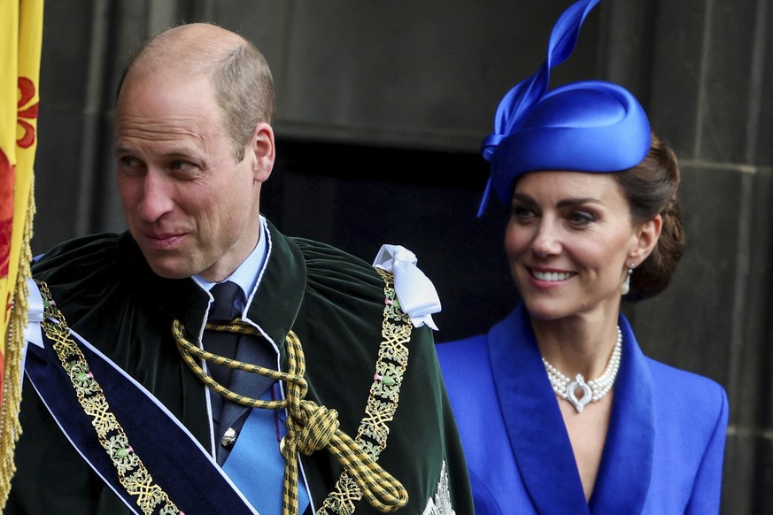 FILE - Britain&#039;s Prince William and Kate, the Princess of Wales depart, after a National Service of Thanksgiving and Dedication for King Charles III and Queen Camilla, in Edinburgh, Wednesday, Ju ...