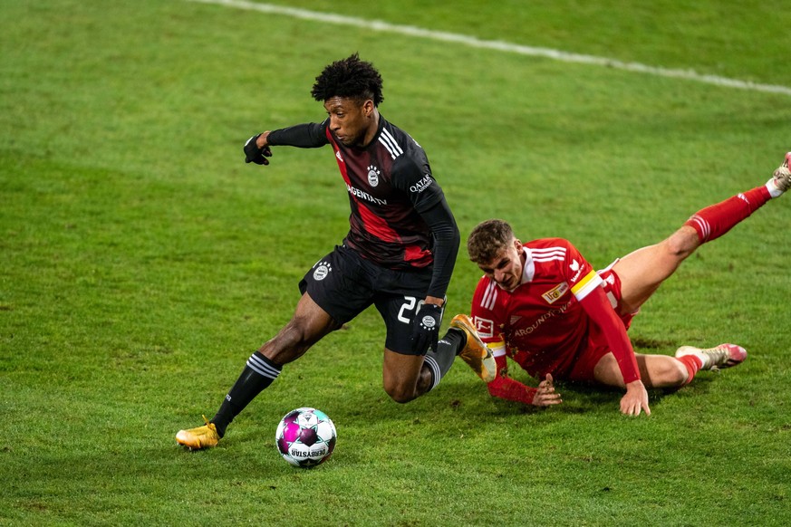 Bayern-Star Kingsley Coman (l.) hat auch gegen Union Berlin gescort: Der Franzose lieferte die Vorlage zum 1:1-Ausgleichstreffer von Robert Lewandowski. Grischa Prömel (r.) brachte die Köpenicker zuvo ...