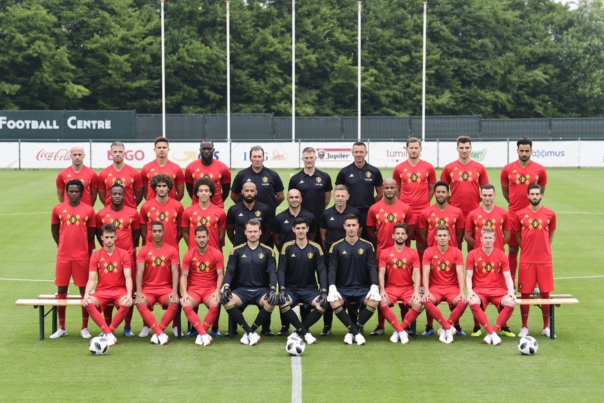 Belgian national team players pose for a team picture, after the final selection, prior to the 2018 FIFA World Cup Russia at the national training center in Tubize, Belgium, Tuesday, June 5, 2018. Top ...