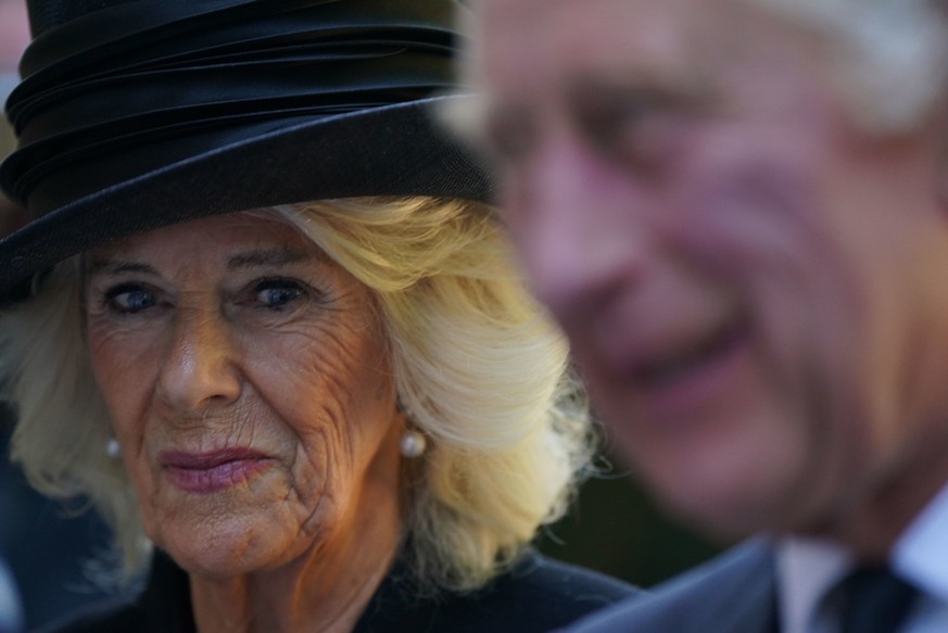 Britain's King Charles III and Camilla, the Queen Consort arrive for a Service of Prayer and Reflection for the life of Queen Elizabeth II, at Llandaff Cathedral in Cardiff, Wales, Friday Sept. 16, 20 ...