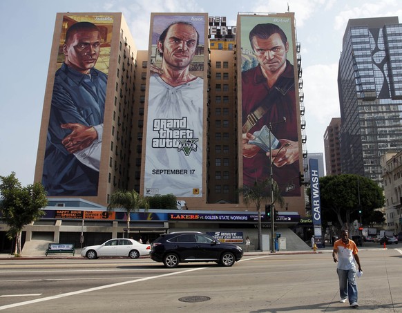 FILE - A &quot;Grand Theft Auto V&quot; billboard is displayed at Figueroa Hotel on Sept. 10, 2013, in Los Angeles. Video game producer Rockstar Games said Monday, Sept. 19, 2022, that early developme ...