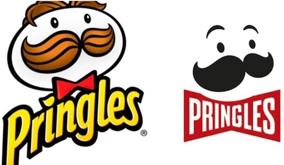 Links das alte Pringles-Logo, das so ähnlich in dem Video zu sehen ist, rechts das neue Logo.