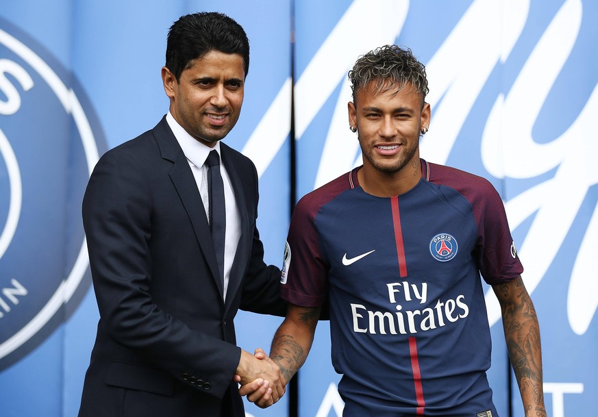 Mandatory Credit: Photo by James Marsh/BPI/Shutterstock 8983290l Neymar Jr during the official presentation press conference, PK, Pressekonferenz and unveiling alongside president Nasser Al-Khelaifi.  ...