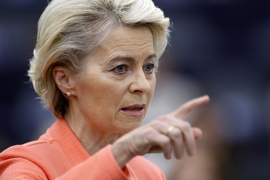 European Commission President Ursula von der Leyen gestures as she speaks during a commission on Russia&#039;s escalation of its war of aggression against Ukraine, at the European Parliament, Wednesda ...