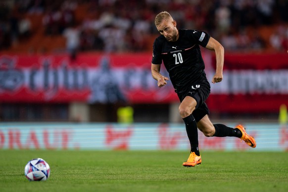 SOCCER - NL, AUT vs DEN VIENNA,AUSTRIA,06.JUN.22 - SOCCER - UEFA Nations League, OEFB international match, L�nderspiel, Nationalmannschaft Austria vs Denmark. Image shows Konrad Laimer AUT. PUBLICATIO ...