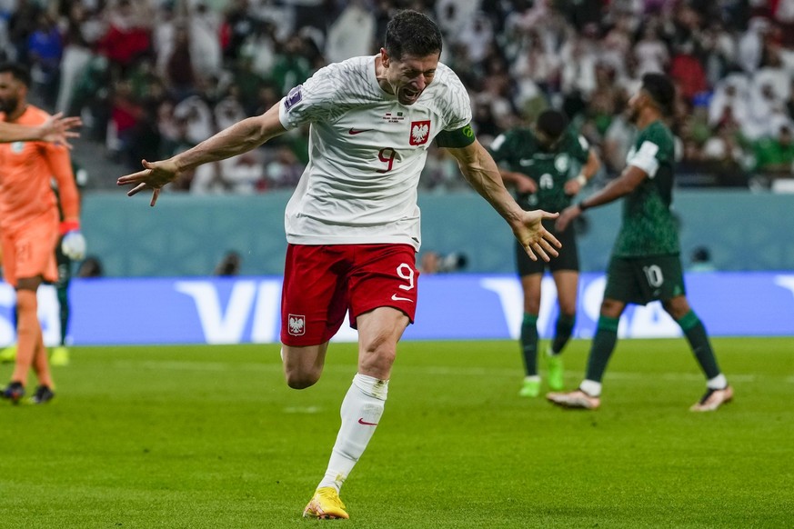 Poland&#039;s Robert Lewandowski celebrates scoring his side&#039;s 2nd goal during the World Cup group C soccer match between Poland and Saudi Arabia, at the Education City Stadium in Al Rayyan , Qat ...