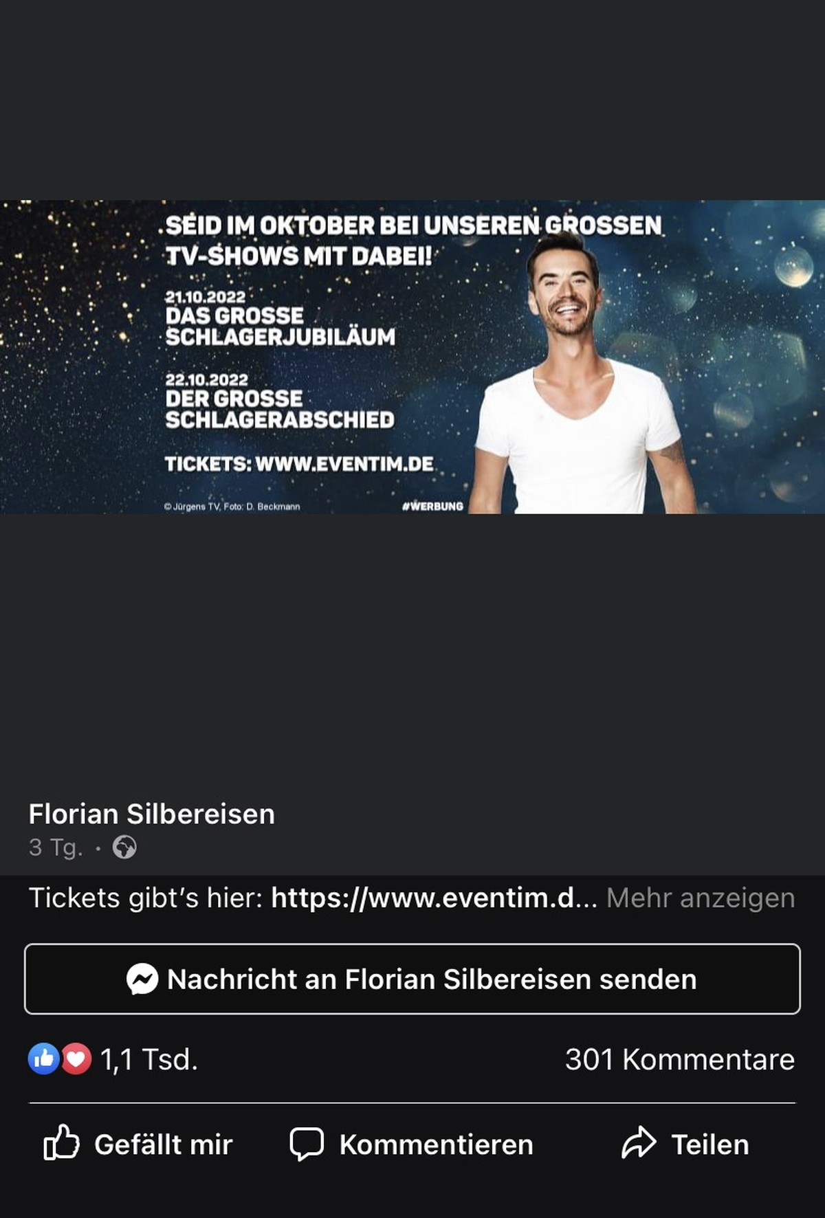 Florian Silbereisen macht hier für seine künftigen Shows Werbung.