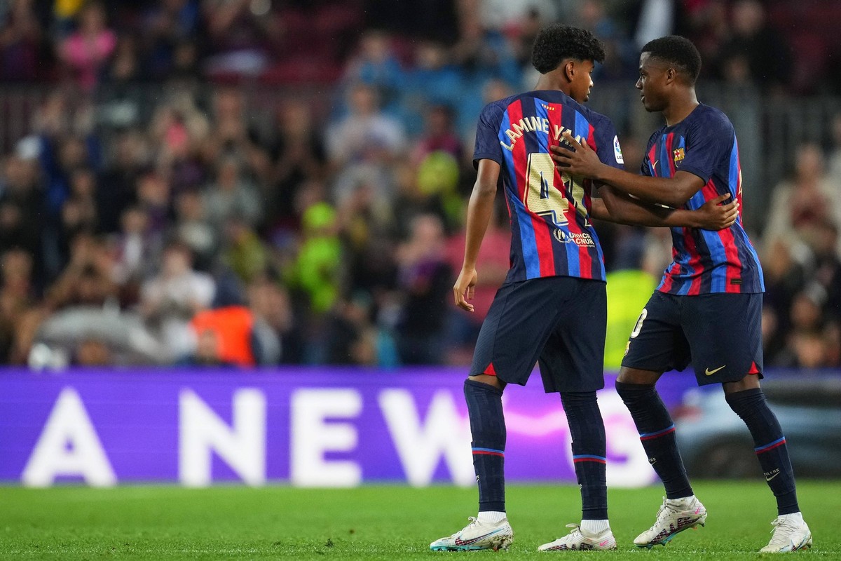 ESP: FC Barcelona, Barca Real Betis. La Liga Santander Lamine Yamal and Ansu Fati of FC Barcelona during the La Liga match between FC Barcelona and Real Betis played at Spotify Camp Nou Stadium on Apr ...