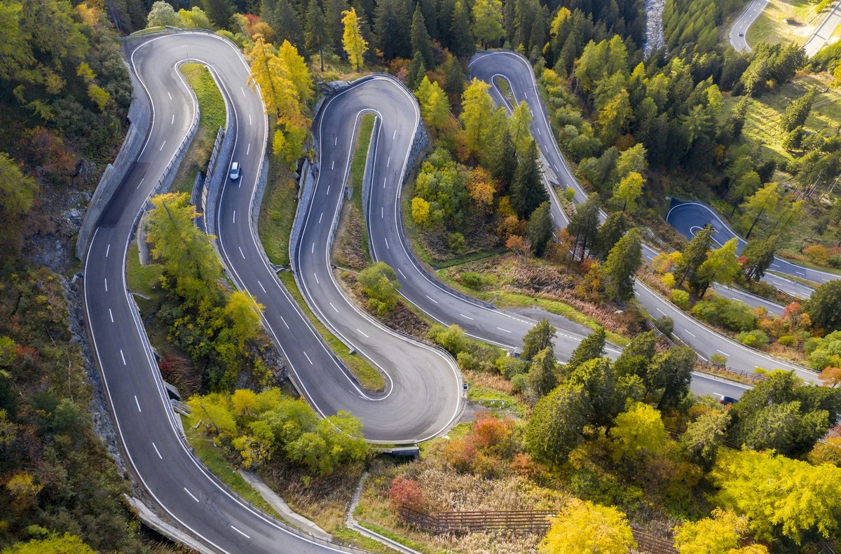 Aerial view of Maloja Pass in autumn, Graubunden Canton, Switzerland.