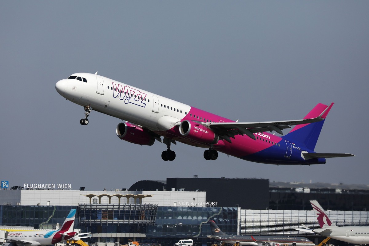 Wizzair plane taking off from Vienna Airport VIE, Wizz Air plane flying up in the sky