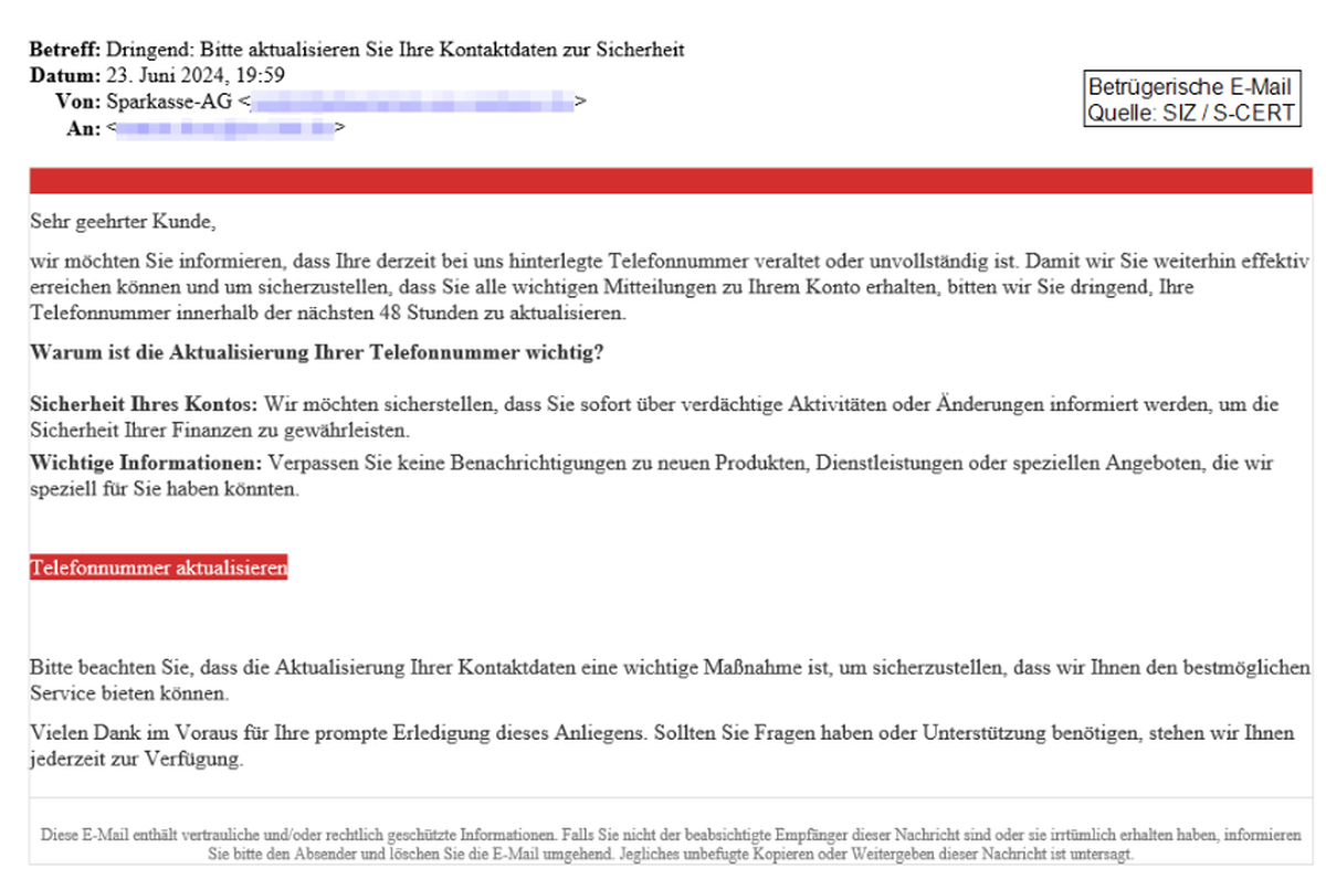 Die Phishing-Mails der Sparkasse sollten Verbraucher:innen verdächtig vorkommen.