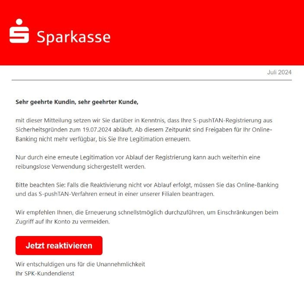 Im Namen der Sparkasse: So sieht die Phishing-Mail aus.