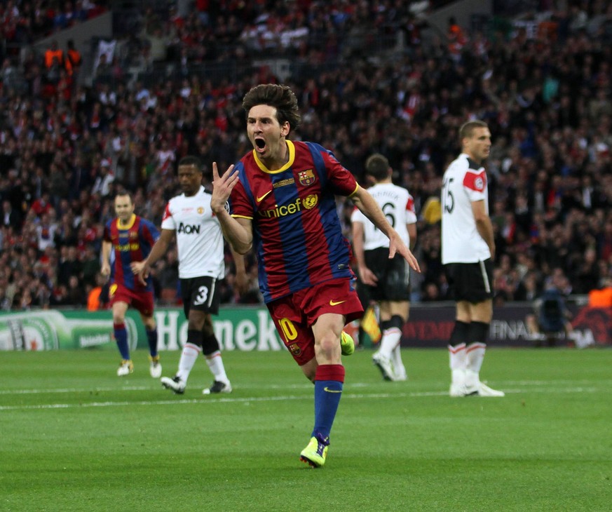 Barcelonas Lionel Messi celebrates scoring his sides second goal UEFA Champions League Final Manchester United v Barcelona 28th May, 2011 PUBLICATIONxNOTxINxUK

Barcelona Lionel Messi Celebrates Sco ...