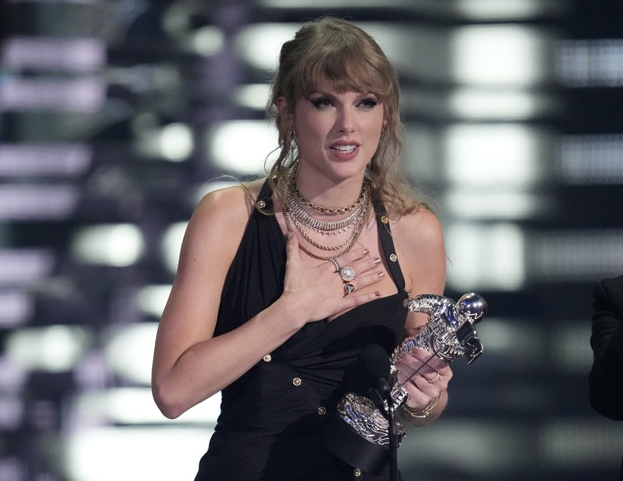 Taylor Swift accepts the award for video of the year for &quot;Anti-Hero&quot; during the MTV Video Music Awards on Tuesday, Sept. 12, 2023, at the Prudential Center in Newark, N.J. (Photo by Charles  ...