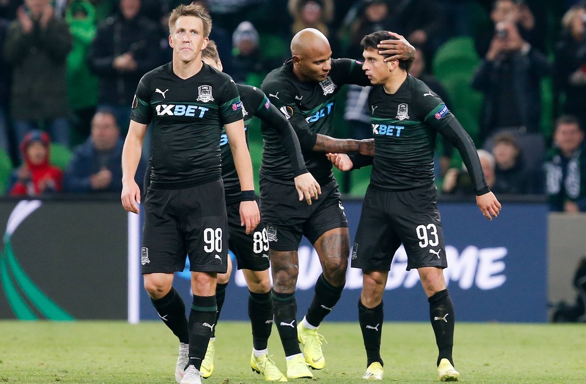 KRASNODAR, RUSSIA - NOVEMBER 8, 2018: FC Krasnodar s Sergei Petrov (L), Ari (C), and Magomed Shapi Suleimanov celebrate a goal in the 2018/19 UEFA Europa League Group J football match between FC Krasn ...