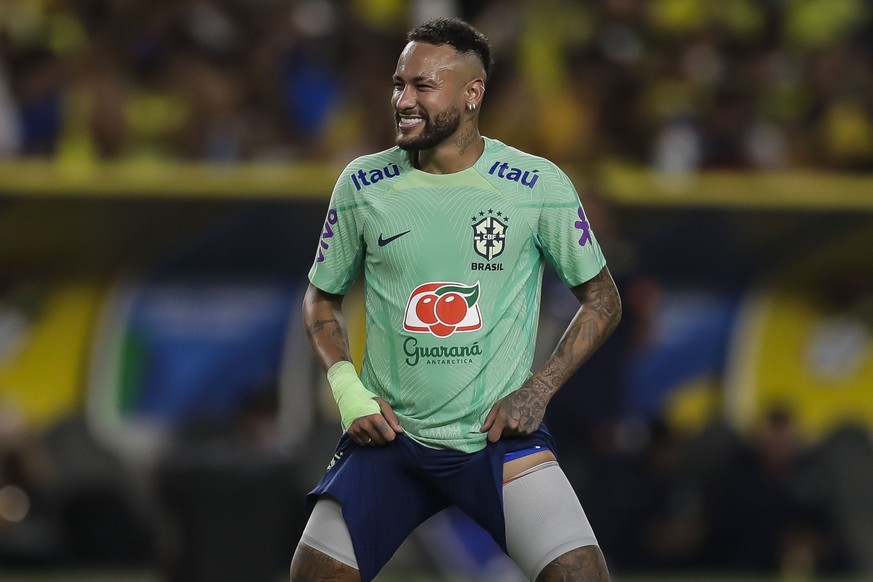 Brazil&#039;s Neymar attends a training session at the Mangueirão Stadium, in Belém, Brazil, Thursday, Sept. 7, 2023, a day ahead of a South American World Cup qualifiers match against Bolivia. (AP Ph ...