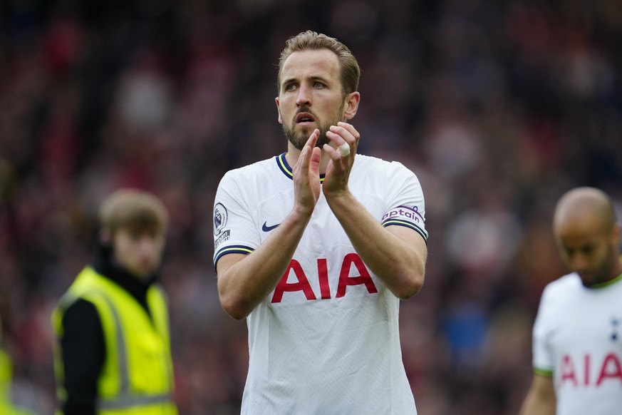 FILE - Tottenham&#039;s Harry Kane applauds fans after his team lost 4-3 at the end of an English Premier League soccer match between Liverpool and Tottenham Hotspur at Anfield stadium in Liverpool, S ...