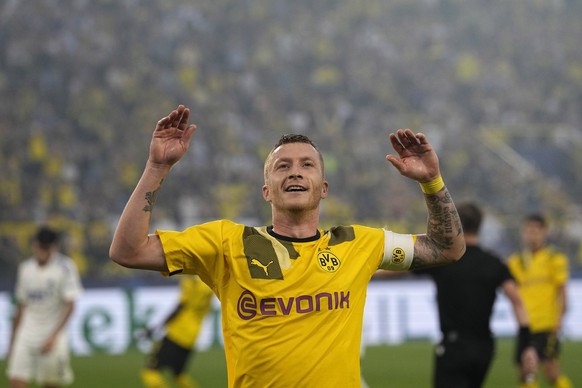 Dortmund's Marco Reus reacts during the Champions League Group G soccer match between Borussia Dortmund and FC Copenhagen in Dortmund, Germany, Tuesday, Sept. 6, 2022. (AP Photo/Martin Meissner)