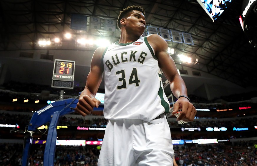 DALLAS, TX - NOVEMBER 18: Giannis Antetokounmpo #34 of the Milwaukee Bucks reacts against the Dallas Mavericks in the second half at American Airlines Center on November 18, 2017 in Dallas, Texas. NOT ...