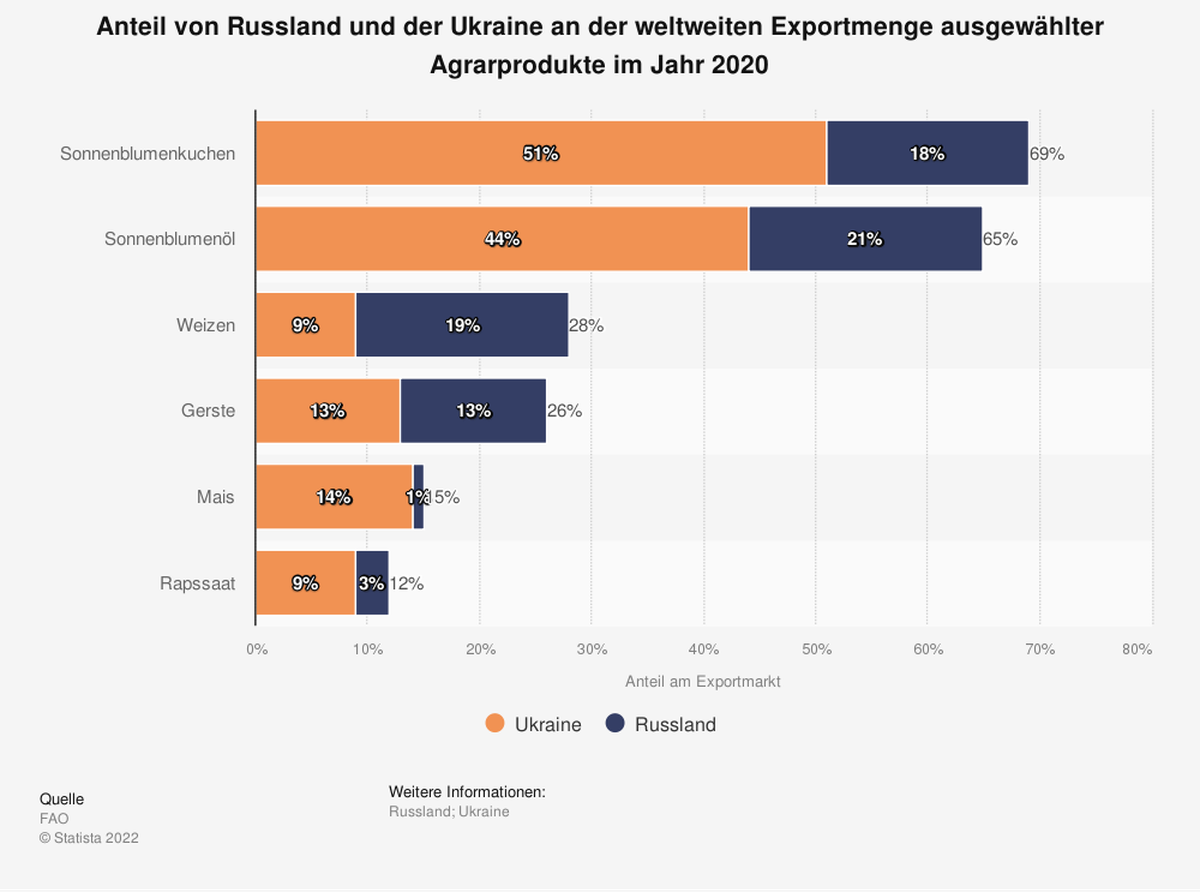 Die Ukraine und Russland produzieren weltweit gesehen einen Großteil der landwirtschaftlichen Güter.