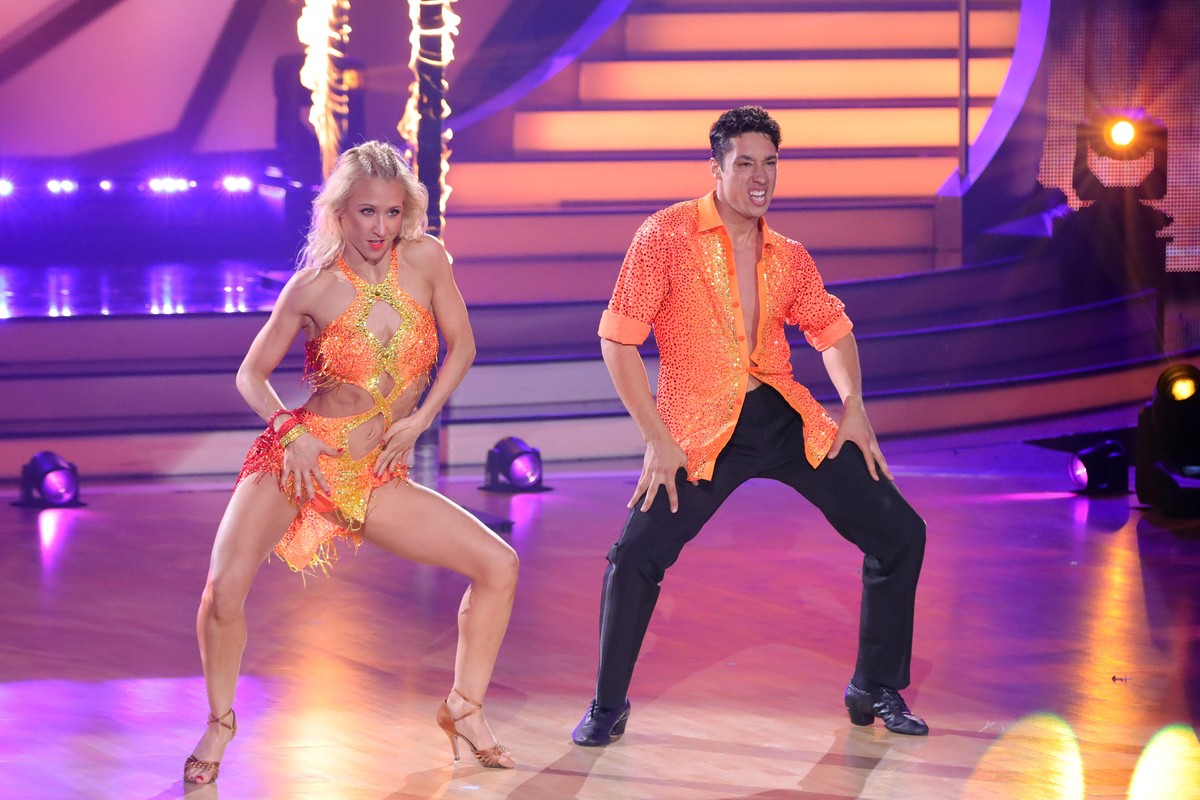 COLOGNE, GERMANY - APRIL 22: Rene Casselly and Kathrin Menzinger perform on stage during the 8th show of the 15th season of the television competition show "Let's Dance" at MMC Studios ...