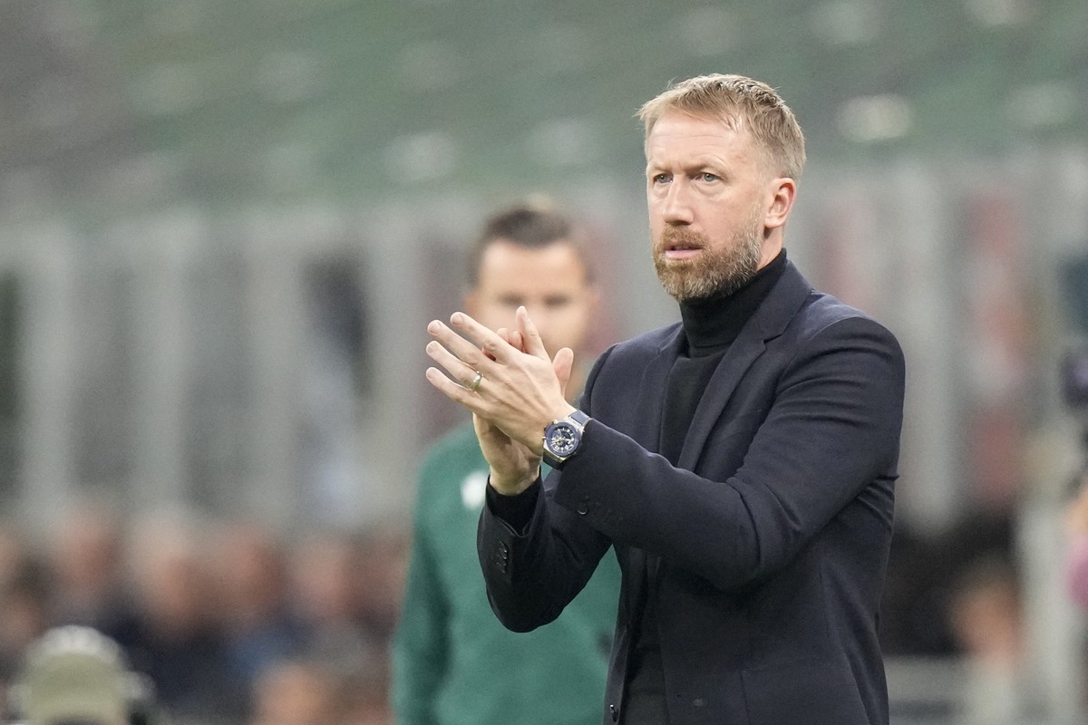 Chelsea's head coach Graham Potter gestures during a Group E soccer match between AC Milan and Chelsea FC, at the San Siro stadium in Milan , Italy, Tuesday, Oct. 11, 2022. (AP Photo/Luca Bruno)