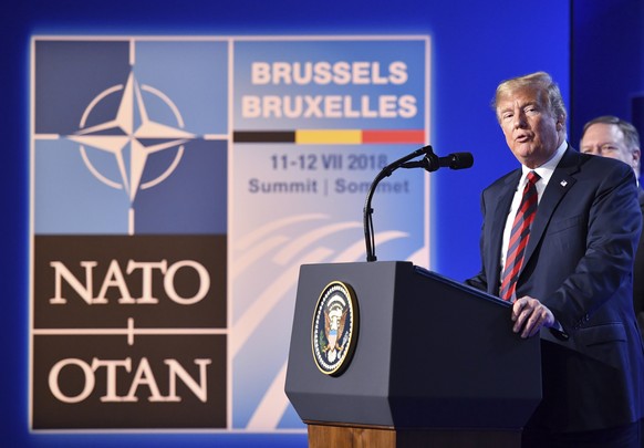 U.S. President Donald Trump speaks during a press conference during a summit of heads of state and government at NATO headquarters in Brussels, Belgium, Thursday, July 12, 2018. NATO leaders gather in ...