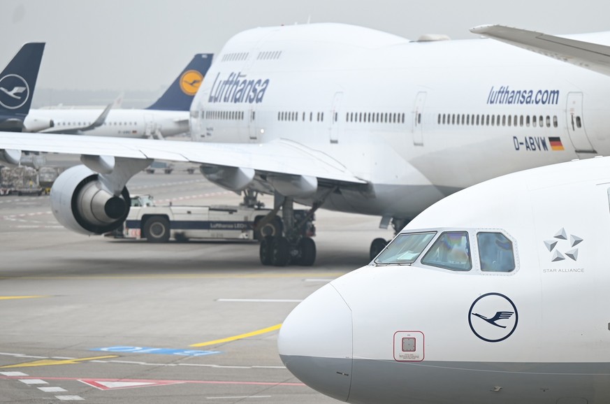 15.02.2023, Hessen, Frankfurt/Main: Maschinen der Lufthansa sind am Terminal 1 am Flughafen Frankfurt zu sehen. Eine Panne bei Bauarbeiten in Frankfurt hat zu einem Flugchaos bei der Lufthansa gef