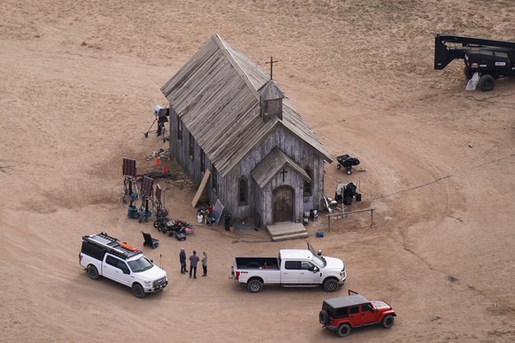 This aerial photo shows the Bonanza Creek Ranch in Santa Fe, N.M., Saturday, Oct. 23, 2021. Actor Alec Baldwin fired a prop gun on the set of a Western being filmed at the ranch on Thursday, Oct. 21,  ...