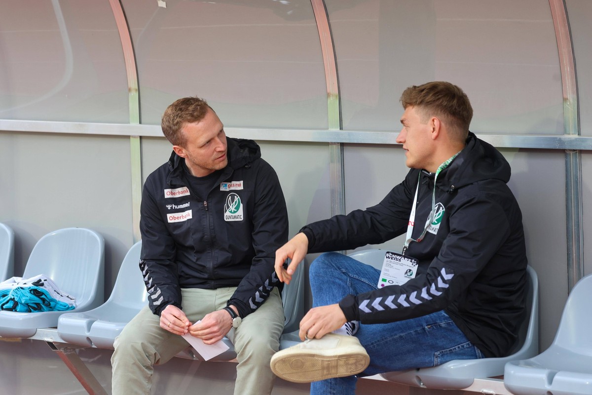 16.05.2025, Bregenz, AUT, Unterwegs in Vorarlberg, SW Bregenz - SV Guntamatic Ried, ADMIRAL 2. Liga, 29. Runde, im Bild Maximilian Senft, Max Senft, Ried, Headcoach, Lukas Brandl, *** 16 05 2025, Breg ...
