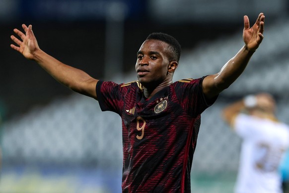 October 13, 2023, Bulgaria, Sofia: Football, U21 men: European Championship qualification, Bulgaria - Germany, Group D, 4th matchday.  Youssoufa Moukoko of Germany celebrates after scoring the goal to make it 1:2.  Photo: Borislav Troshev/ ...