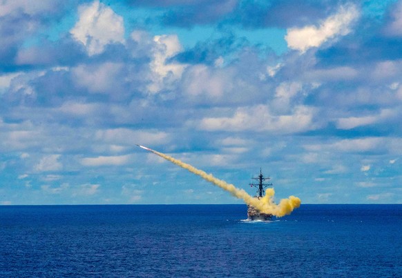 May 26, 2019 - Uss Curtis Wilbur, United States - The U.S Navy Arleigh-Burke-class guided missile destroyer USS Curtis Wilbur launches a harpoon surface-to-surface missile during exercise Pacific Vang ...