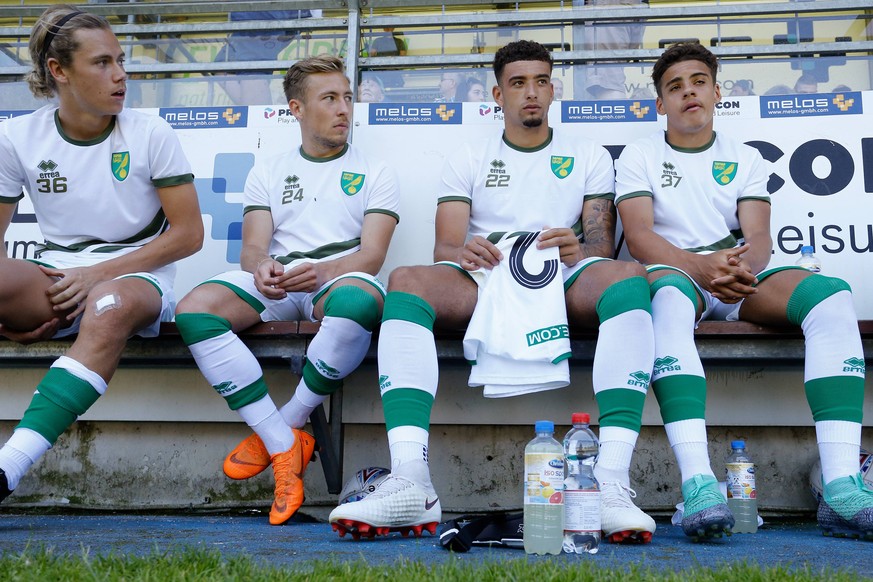 SC Paderborn v Norwich City Friendly (L-R) Todd Cantwell of Norwich City, Felix Passlack of Norwich City, Ben Godfrey of Norwich City, Maximillian Aarons of Norwich City during the Friendly match at B ...