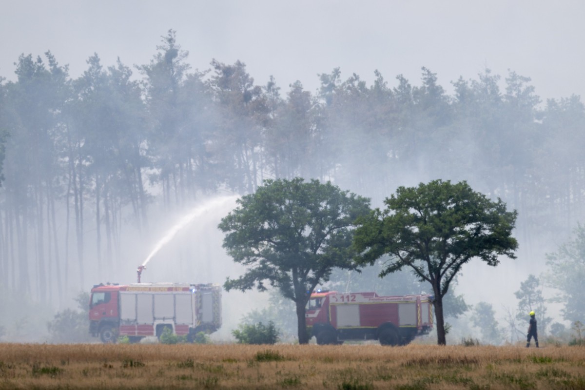 04.07.2025, Sachsen, Nieska: Löschfahrzeuge der Feuerwehr sind im Einsatz bei einem Wald- und Vegetationsbrand in der Gohrischheide im Landkreis Meißen. An mehreren Orten im Osten Deutschlands kämpfen ...