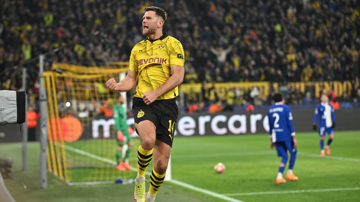 16.04.2024, Nordrhein-Westfalen, Dortmund: Fußball: Champions League, Borussia Dortmund - Atlético Madrid, K.o.-Runde, Viertelfinale, Rückspiele, Signal Iduna Park. Dortmunds Niclas Füllkrug jubelt na ...