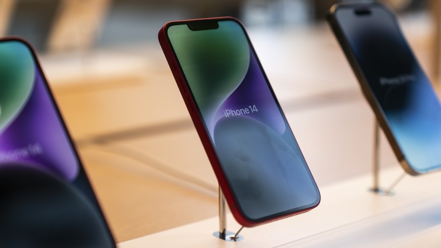 The new iPhone 14 smartphones are on display at an Apple Store at The Grove in Los Angeles, Friday, Sept. 16, 2022. Apple&#039;s iPhone 14 lineup and Apple Watch Series 8 are available to purchase in- ...