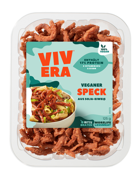Der vegetarische und vegane Speck aus Soja-Eiweiß von Vivera verspricht 17 Prozent Protein sowie Vitamin B12 und Eisen.