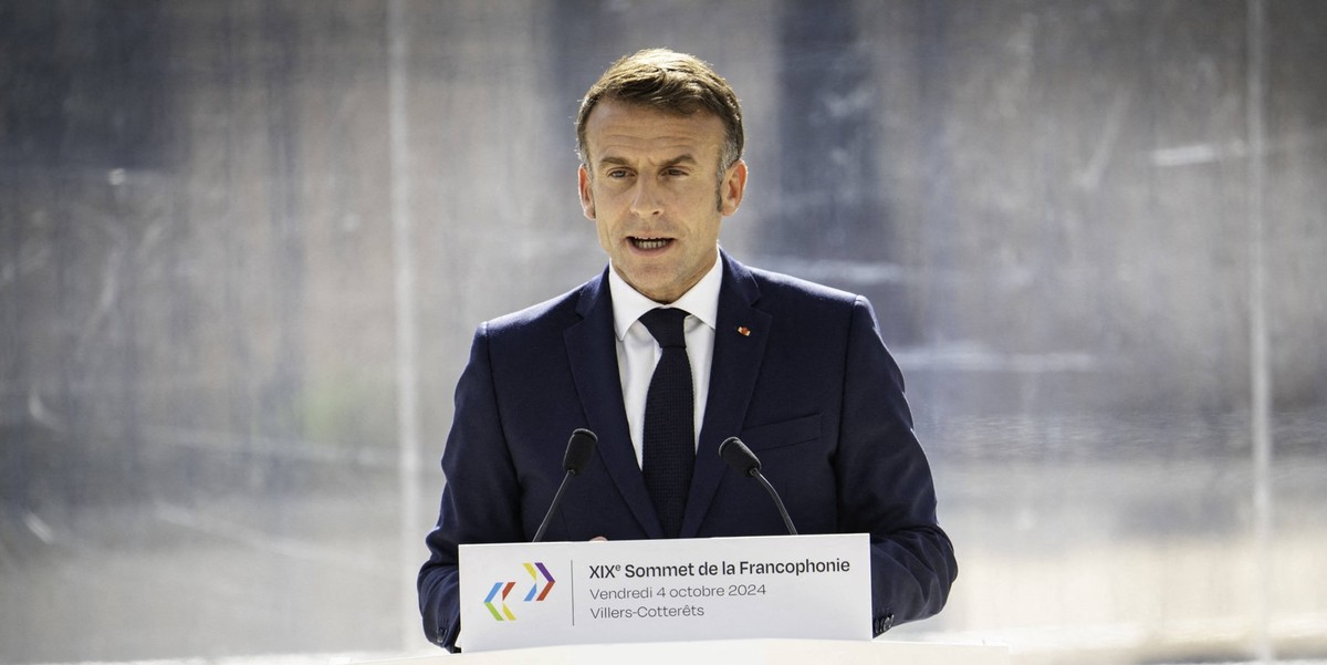 19th Summit of the Francophonie in Villers-Cotterets Castle France s President Emmanuel Macron delivers the opening speech during the 19th Summit of the Francophonie at the Cite internationale de la l ...
