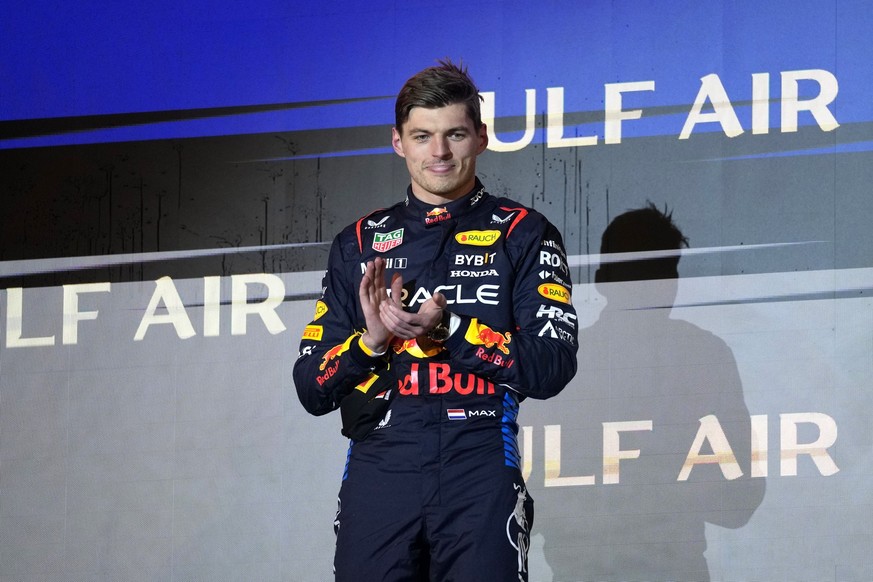 Red Bull driver Max Verstappen of the Netherlands celebrates after placing first during the Formula One Bahrain Grand Prix at the Bahrain International Circuit in Sakhir, Bahrain, Saturday, March 2, 2 ...