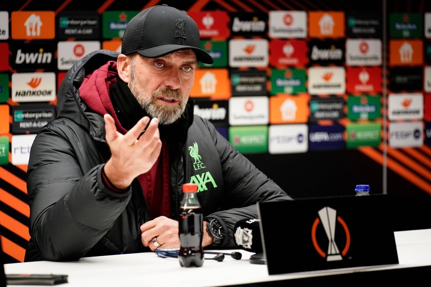 Liverpool coach Jurgen Klopp during the post match press conference, PK, Pressekonferenz Union Saint-Gilloise v Liverpool, UEFA Europa League, Group E, Football, Lotto Park, Brussels, Belgium - 14 Dec ...