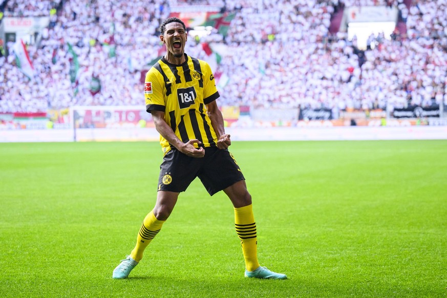 21.05.2023, Bayern, Augsburg: Fußball: Bundesliga, FC Augsburg - Borussia Dortmund, 33. Spieltag, WWK-Arena. Dortmunds Sebastien Haller jubelt nach seinem Tor zum 0:2. Foto: Tom Weller/dpa - WICHTIGER ...