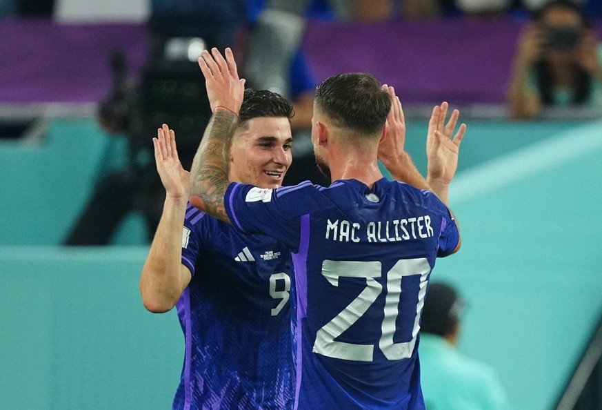 Mandatory Credit: Photo by Javier Garcia/Shutterstock 13640342bg Julian Alvarez of Argentina celebrates with Alexis Mac Allister of Argentina 2-0. Poland v Argentina, FIFA World Cup, WM, Weltmeistersc ...