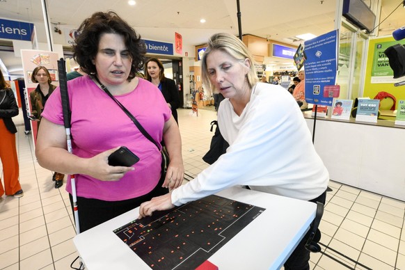 Pc-systeem om blinden en gedeeltelijk visueel gehandicapten te helpen AUDERGEM, BELGIË - PC-systeem om blinden en slechtzienden te helpen zelfstandig te winkelen met behulp van AI en QR-codes bij Carrefour Auderghem devil...