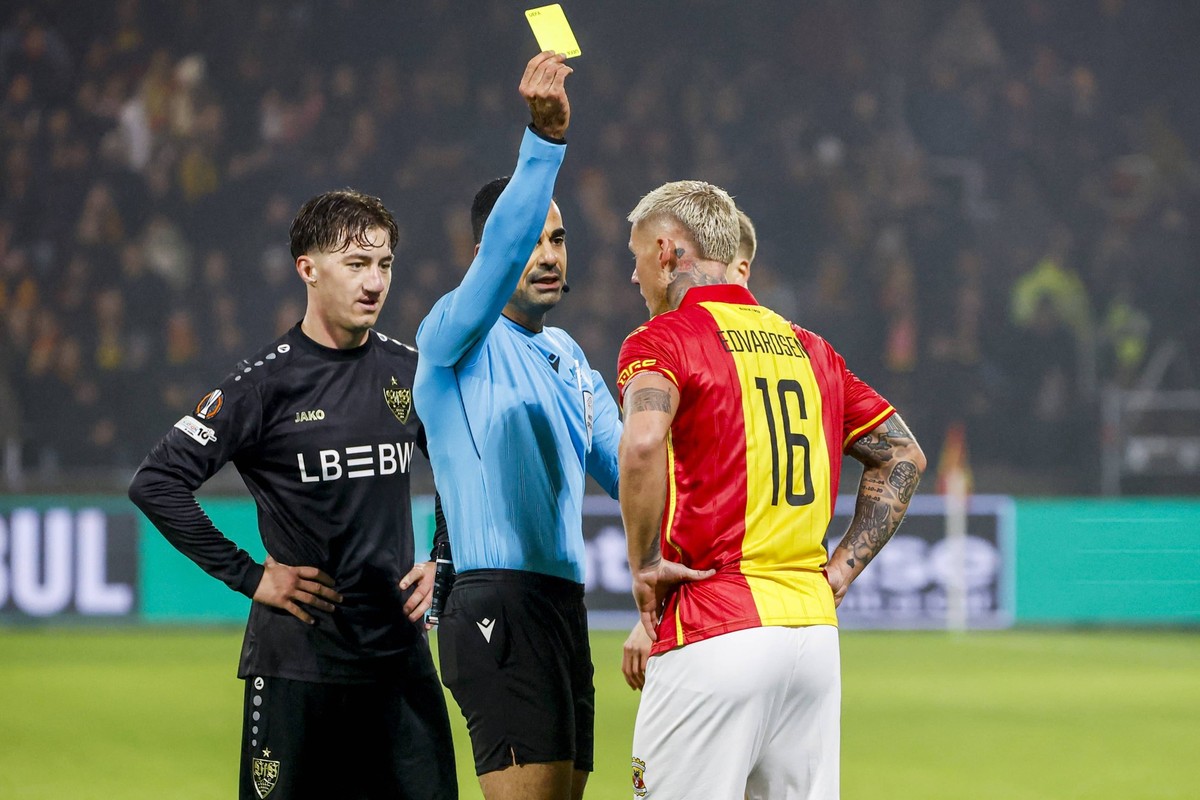 referee Mohammed Al-Hakim shows a yellow card to Victor Edvardsen of Go Ahead Eagles and Angelo Stiller of VfB Stuttgart Go Ahead Eagles v VfB Stuttgart, UEFA Europa League 2025/26 League Phase MD5, G ...