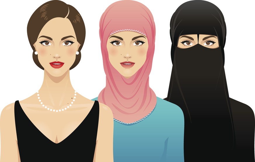 Three young women, one wearing a hijab and one wearing a nikab, standing shoulder to shoulder, isolated on a white background. Women's rights concept.