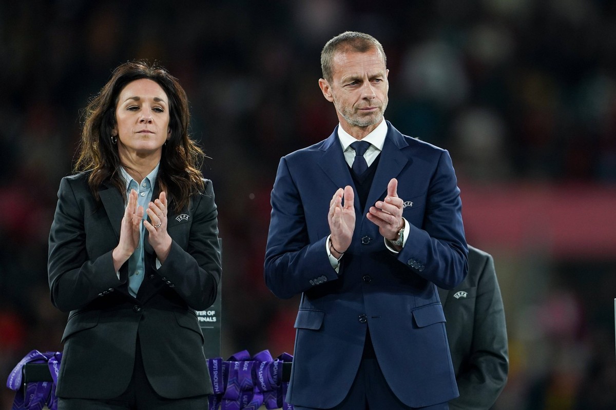 Sevilla, Spain, February 28th 2024: UEFA womens head manager Nadine Kessler left and UEFA president Aleksander Ceferin during the trophy ceremony during the UEFA Womens Nations League Final 2024 footb ...